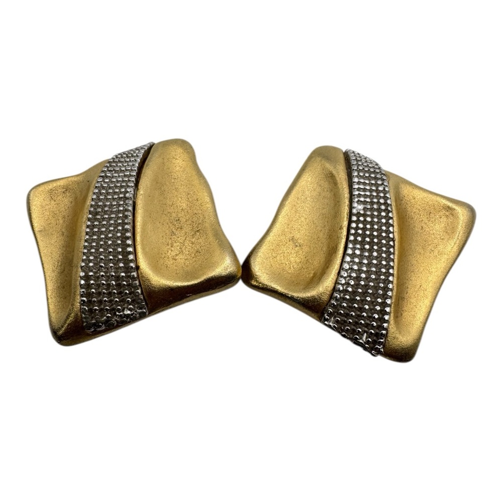 Vintage Gold Tone Earrings‎ Pave Rhinestone Stripe Clip On Square 1 Inch